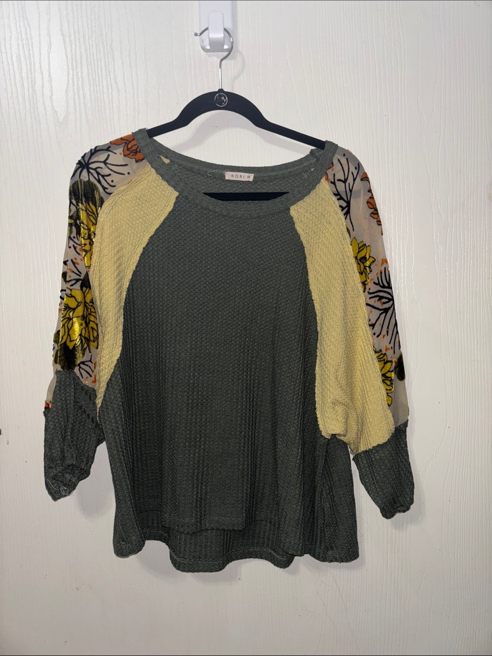 Kori Olive Green and Yellow Floral Sleeve Mixed-Media Blouse
